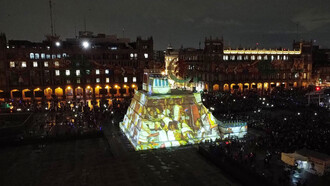 Vista aérea de la recreación del Templo Mayor en el Zócalo de la Ciudad de México