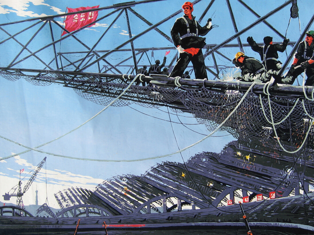 Kim Dal-hyon, Construction of May Day Stadium, 1988; linocut; courtesy of the Nick Bonner Collection, Beijing