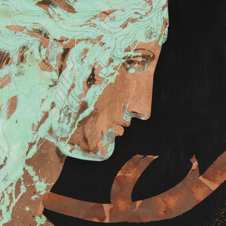 Marco Borgianni, da Antonio Canova, “Testa ideale di Elena”,
San Pietroburgo, Museo statale dell’Ermitage,
2014,
tecnica mista su tela con foglia di rame e ossidazione,
80 × 100 cm
