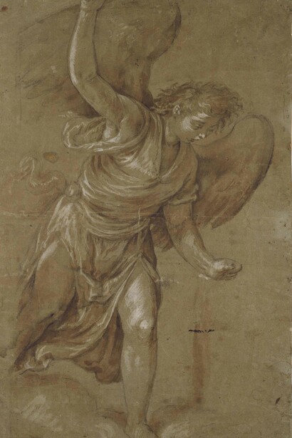 Jacopo Bassano (c. 1510‒1592), Angel of the Annunciation, Brown wash over black chalk or charcoal, white gouache on faded blue paper, 53.5 x 32.5 cm © Christ Church Picture Gallery, Oxford