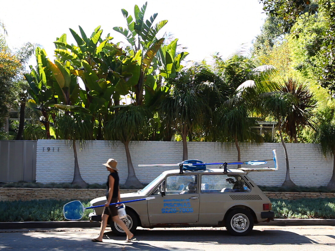 Clarissa Tossin. Brasília, Cars, Pools and Other Modernities, 2009-13 (still). Volkswagen Brasilia, cleaning pool equipment. Dimensions variable. Originally commissioned and produced by Artpace San Antonio. Courtesy of the artist.
