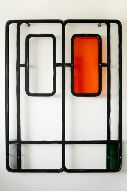 Milly Peck, Alight IV, 2020. Emulsion on wood, perspex, coloured pencil, bolts. 161 x 122 x 7 cm. Courtesy of VITRINE