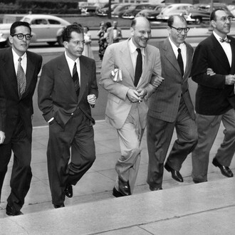 The Hollywood ten (Left to right: Samuel Ornitz, Ring Lardner Jr., Albert Maltz, Alvah Bessie, Lester Cole, Herbert Bieberman, Edward Dmytryk), 1950. Courtesy of the New York Historical