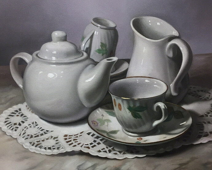 Caption for the teapot painting is: Margaret Morrison "Rosalba’s Apartment", 2017 Oil on canvas 24 x 27 inches; 61 x 68.6 cm; Courtesy of Woodward Gallery, NYC