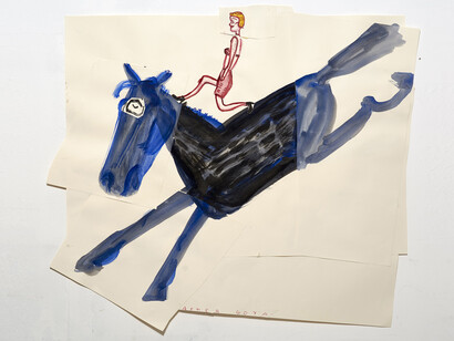 Rose Wylie, Blue Horse with Girl, 2013, Watercolor and collage on paper, 32.5 x 35.5 in (82.6 x 90.2 cm). Courtesy of the Artist and Thomas Erben Gallery, New York