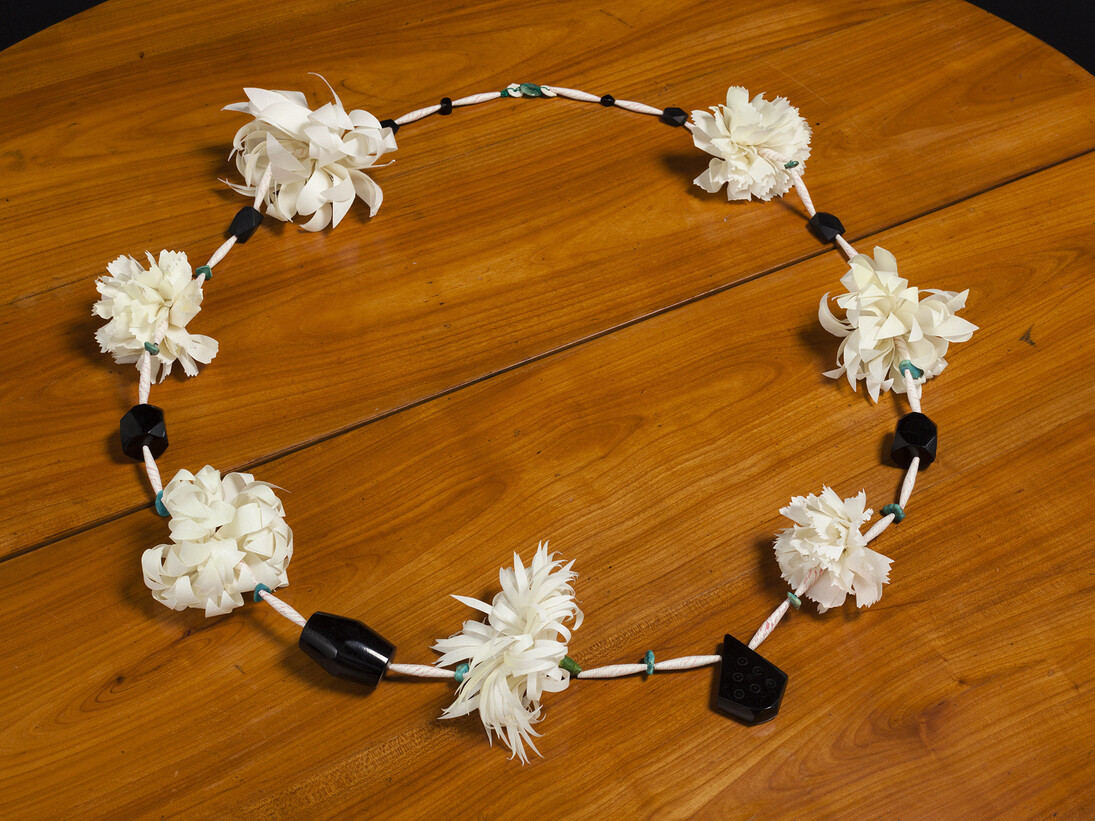 May Cornet 'Garland', 2015, jet beads, Hosokawa paper, painted paper beads with watercolour, turquoise from Lady Epstein's necklace, jade bead, bone, dimensions variable