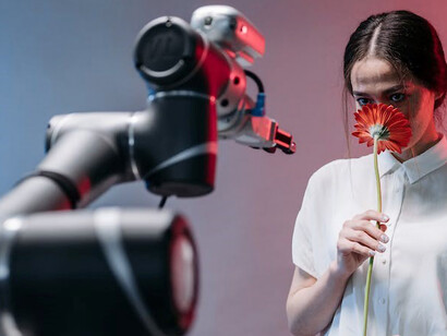 A woman holds a delicate flower in her hand, gazing fondly at an artificial intelligence robot