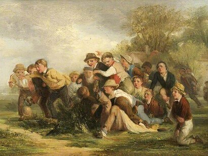 Cette image est une reproduction de la peinture The Football Game (Le match de football) réalisée par l'artiste britannique Thomas Webster en 1839