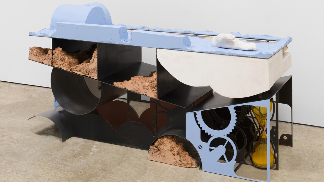 Holly Hendry, 'You Are What You Eat', 2020. Steel,
glass, plaster, terracotta, sand, paint, motor and
silicone, 101 x 195 x 70cm (39 3/4 x 76 3/4 x 27
1/2in). Copyright Holly Hendry. Courtesy the artist
and Stephen Friedman Gallery, London. Photo by
Mark Blower