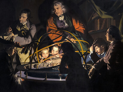 Joseph Wright of Derby- Un filósofo dando una conferencia sobre el planetario, en el que se coloca una lámpara en lugar del sol