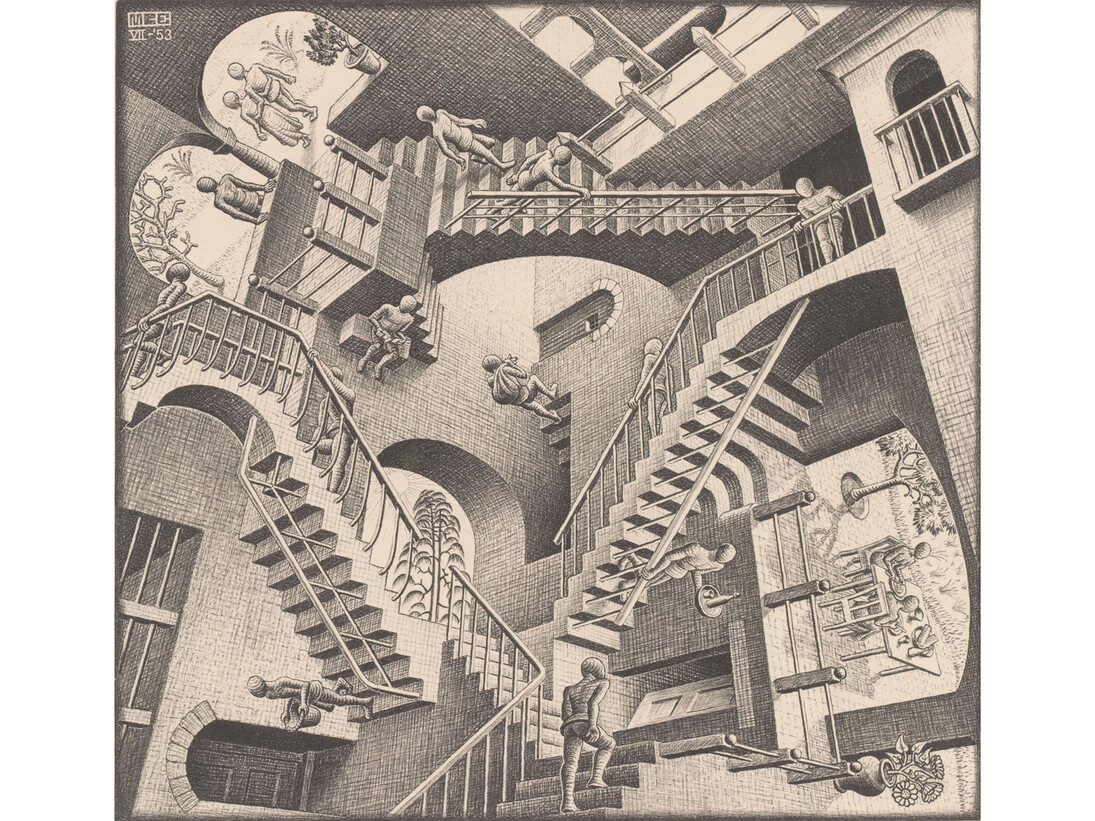 M.C. Escher, Relativity, 1953, Lithograph, 29.1 x 29.4 cm, Gemeentemuseum Den Haag. All M.C. Escher works copyright © The M.C. Escher Company B.V. -Baarn-the Netherlands. All rights reserved. www.mcescher.com