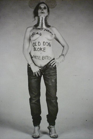 Caron Geary, British Cunt, Self Portrait II, 2008. Black & white C-type photograph on Fibre based paper hand printed and illustrated in black ink. Image Curteasy of Hanmi Gallery