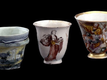 Three of the eleven tin-glazed earthenware chocolate cups in Sir Hans Sloane’s collection, British Museum