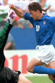 Roberto Baggio in campo durante il campionato del mondo di calcio, 1994