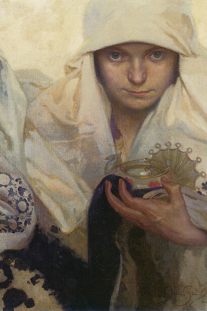 Alfons Mucha, Schicksal, 1920, Detail. Öl auf Leinwand, 51,5 x 53,5 cm. Mucha Museum, Prag