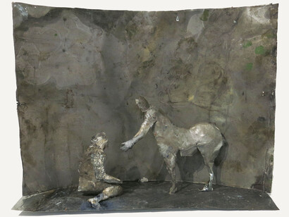 June Leaf, Centaur and Woman in Landscape, 2015, Tin, paper and acrylic, 15h x 19w x 6.5d in.
