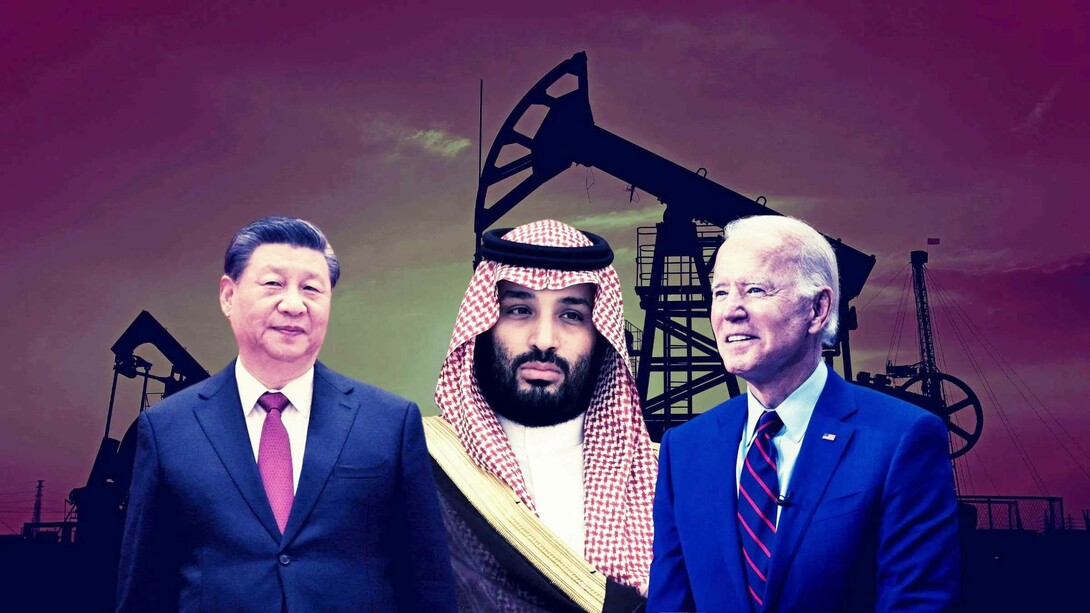 From left to right, Xi Jinping, Mohammed bin Salman Al Saud, and Joe Biden battling in the energy market