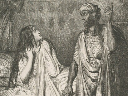 "Você rezou esta noite, Dedesmona?": prancha 12 de Otelo (Ato 5, Cena 2), de Théodore Chassériau. Esse tipo de narcisismo não busca uma admiração direta; na verdade, está atrás de poder relacional, entendendo que o prazer não está em ser amado ou desejado, mas em conduzir as escolhas e os pensamentos do outro