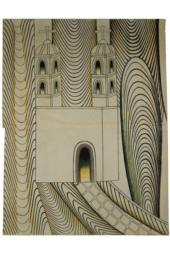 Martin Ramirez, Untitled (Church with Arches and Tunnels), c. 1950-55, Graphite, tempera, and crayon on paper, 48 x 36 1/2 in; 121.9 x 92.7 cm