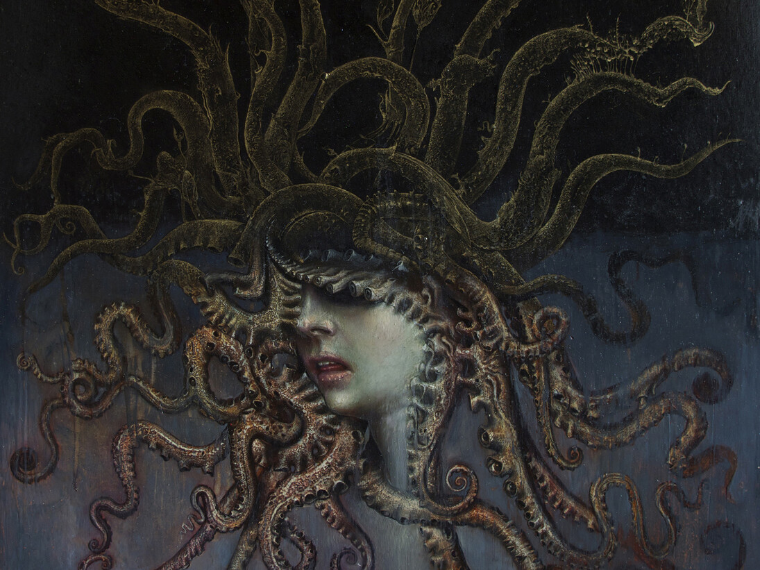 Agostino Arrivabene, Medusa. olio,foglia d'oro, su lino trasportato su legno cm 44 x 40,5