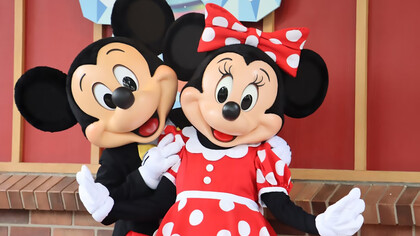 Mickey and Minnie greet visitors at Disneyland Paris in Marne-la-Vallée, France