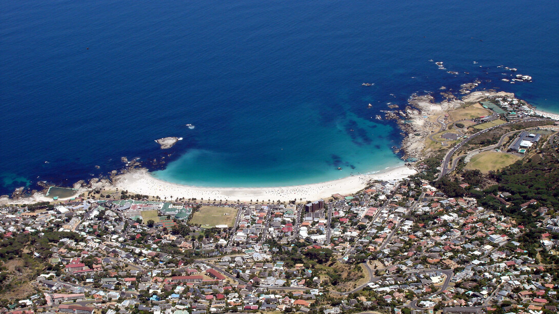 Camps Bay, an affluent suburb of Cape Town, South Africa, as seen from Table Mountain