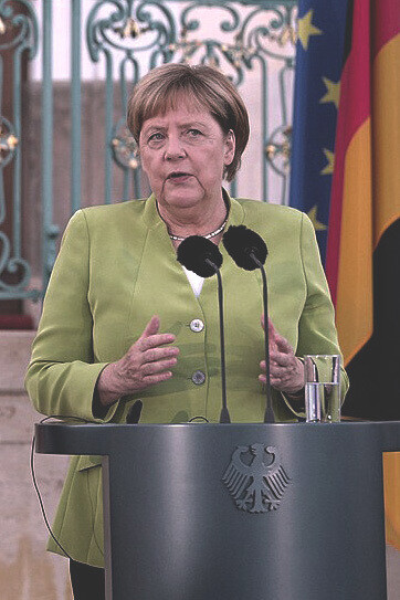 Angela Merkel während einer Rede in Meseberg, 2018