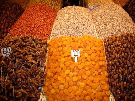 Different types of dates, Jemaa el-Fnaa market, in Morocco. Moroccan dates are important for the local economy. In total, Morocco records anywhere from 120000 to 160000 tons of dates per year