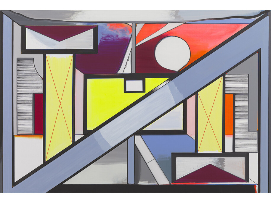 Thomas Scheibitz, Schaulager, 2014, oil, vinyl, spackling paste, laquer, pigment marker on canvas, 74 4/5 x 110 1/4 inches; 190 x 280 cm. Courtesy the artist and Tanya Bonakdar Gallery, New York