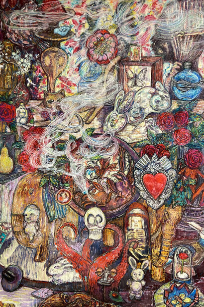 Erin Dixon, Souvenirs (detail), acrylic, ink & chalk pastel on paper, 40.5 by 28 inches. Courtesy of the artist and Spalding Nix Fine Art