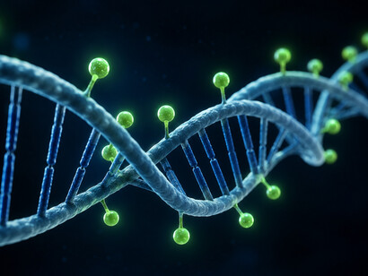 DNA-Methylierungsgrad eines jungen Gewebe (Methylierungsgruppe in grün). Gewebe wirkt funktionell jünger