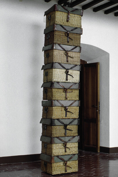 Fabio Mauri, Monumento a tre militari (Picnic o Il buon soldato), [Monument to three soldiers (Picnic or the good soldier)], 1998
Basketwork, leather, 270 x 53 x 50 cm / 106 1/4 x 20 7/8 x 19 5/8 in. Photo: Claudio Abate
