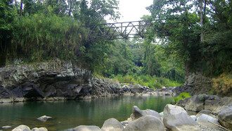 El vetusto puente, sostenido sobre la roca central del cauce del río Reventazón y el bastión de la ribera derecha. Foto: Luko Hilje