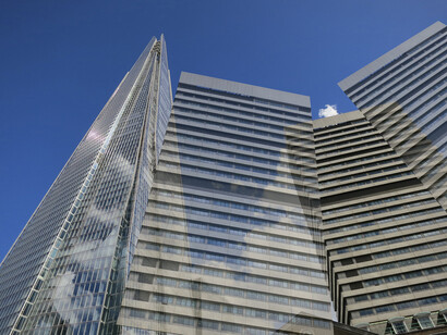"Fractured Visions: Multiplicities", Tamiko Thiel, Augmented Reality installation, 2014. Image of The Shard and Guy's Tower surrounded by ghosted multiples of Guy's Tower. King's College Guy's Campus, Boland House courtyard, by London Bridge at the base of The Shard