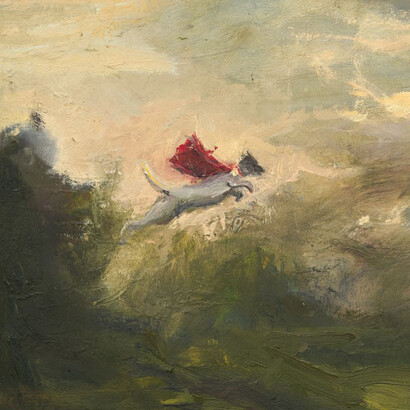 Seth Becker, "A Dog's Dream," (detail) 2023. Oil on panel; Work: 10 x 12 in (25.4 x 30.5 cm) Framed: 10 3/4 x 12 3/4 in (27.3 x 32.4 cm). Courtesy of the artist and Venus Over Manhattan Gallery