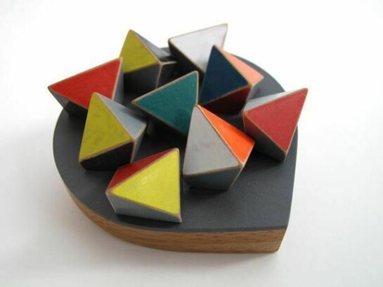 Katy Hackney, Drop shaped brooch with geometric shapes, 2013, Bamboo, colorcore, boxwood, silver, paint, W:6cm H:7cm D:1.5cm