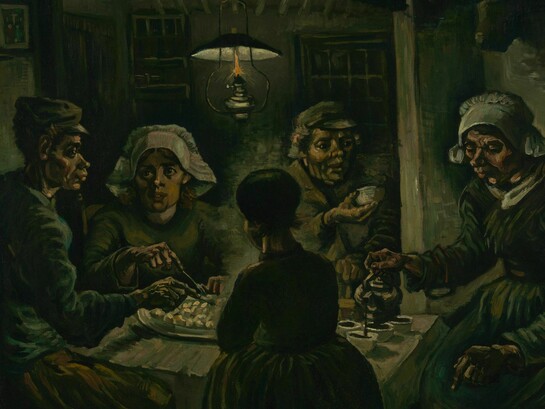 En su obra "Los comedores de patatas" (1885), Vincent Van Gogh realiza un retrato dinámico y de tonos oscuros de una familia alrededor de su mesa de comedor, donde plasma la desesperanza de las personas campesinas del momento