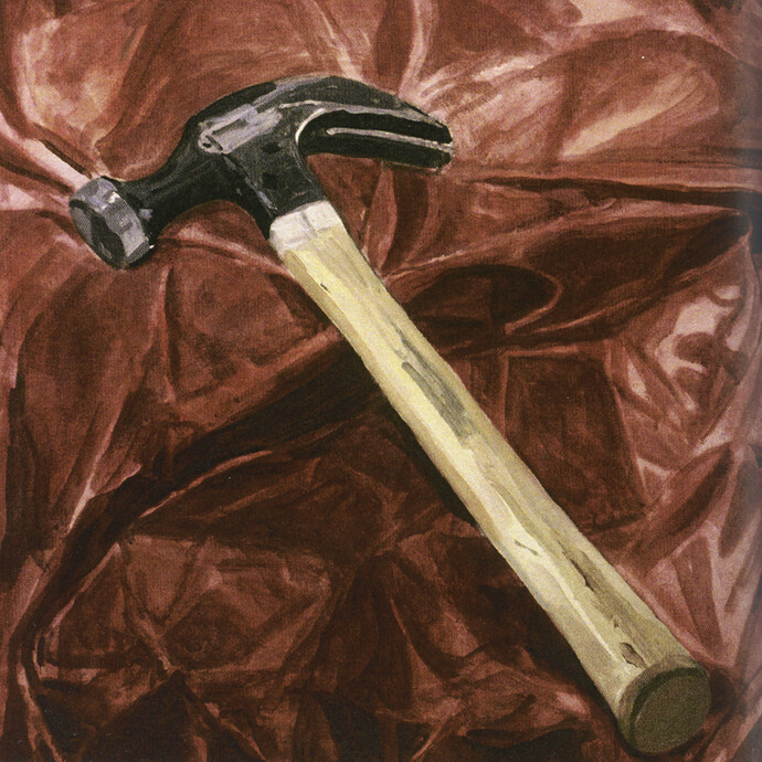 Margaret Harrison, Beautiful Ugly Violence (Hammer), 2003, oil on canvas, 26 x 26 inches. Courtesy of Ronald Feldman Fine Arts, New York