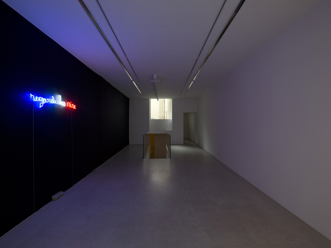 Claude Lévêque, Regarde les rire, 2015, Néon bleu, blanc, rouge / Neon blue, white and red, 33 x 150 cm, Ecriture / Writing : Romaric Etienne © ADAGP Claude Lévêque . Photo. Julie Joubert , Courtesy the artist and kamel mennour, Paris