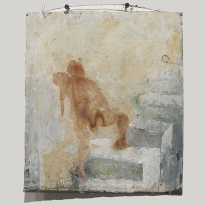 June Leaf, Woman Carrying Infant Up Stairs, 2011, Acrylic on paper on tinplate, 13h x 11w in.