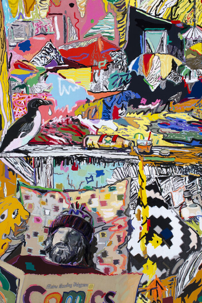 Leon Benn
Lion in the Kitchen
2019
oil, oil pastel, and fabric dyes on Moroccan linen
65 x 51 in. (165.1 x 129.54 cm)