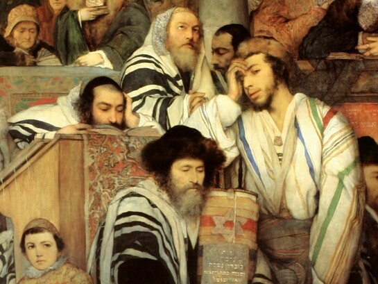 Pintada en Viena, esta obra de Gottlieb titulada "Judíos rezando en la sinagoga en Yom Kipur" retrata la vida comunitaria ashkenazí, reflejando la profunda continuidad cultural e identitaria analizada en el texto. (Museo de Tel Aviv)