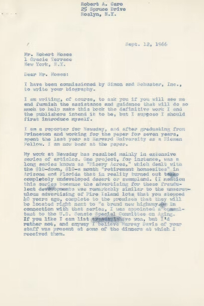 Robert A. Caro, Letter to Robert Moses requesting an interview, page 1, 12 september 1966.  Courtesy of Robert A. Caro Archive, Patricia D. Klingenstein Library and New-York Historical Society 
