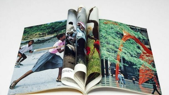 Cyprien Gaillard, A City Learns to Smile Again, 2013, Showcase and National Geographic magazines, 36 1/4 x 117 7/8 x 39 5/8 inches (92 x 299.4 x 100.4 cm), Copyright Cyprien Gaillard. Courtesy Sprueth Magers Berlin London and Gladstone Gallery, New York and Brussels