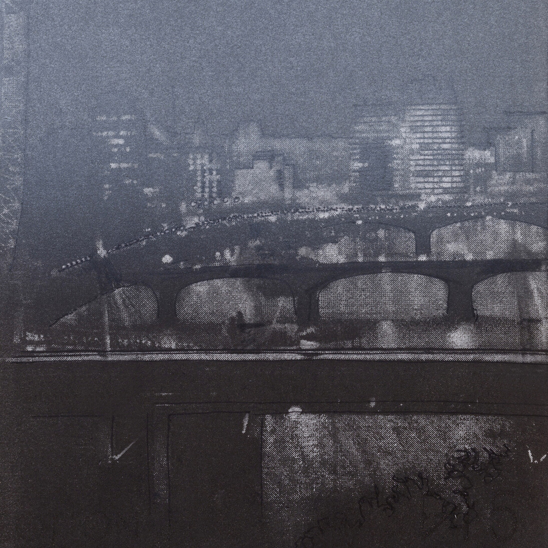 Hungerford Bridge, Size: 19cm x35cm, Medium: Screenprint with Pen Drawing on Graphite , Edition: 30, 2016​. Courtesy of The Foundry Gallery