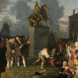 Johannes Adam Simon Oertel, Pulling down the statue of King George III (detail). Courtesy of the New York Historical