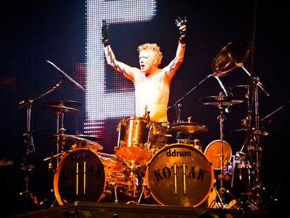 The drummer of the German Rock band Scorpions performing on stage