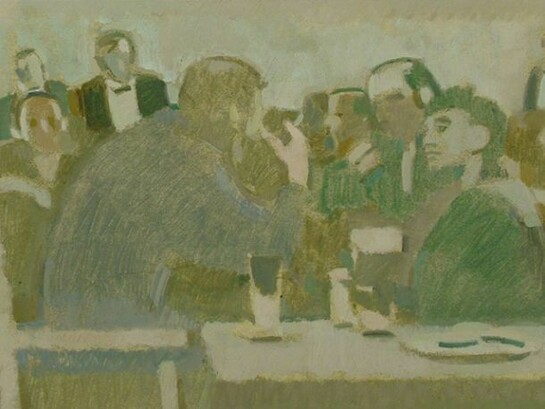 Michael Upton, Society Restaurant III, oil on board, 18 x 34 cm