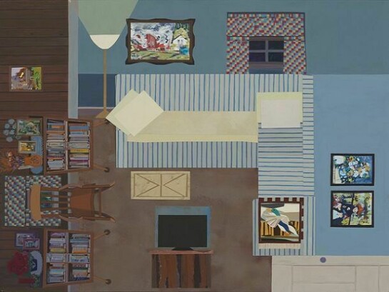 Ann Toebbe, TV Room, 2013, gouache and cut paper on panel, 15 by 20 inches