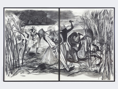 Kara Walker, Stages of Sugar Production: Cutting, Grinding, Refining, 2014, Graphite and charcoal on paper, 2 parts: 98.25 x 72 inches (249.6 x 182.9 cm), each. © Kara Walker; courtesy of Sikkema Jenkins & Co., New York